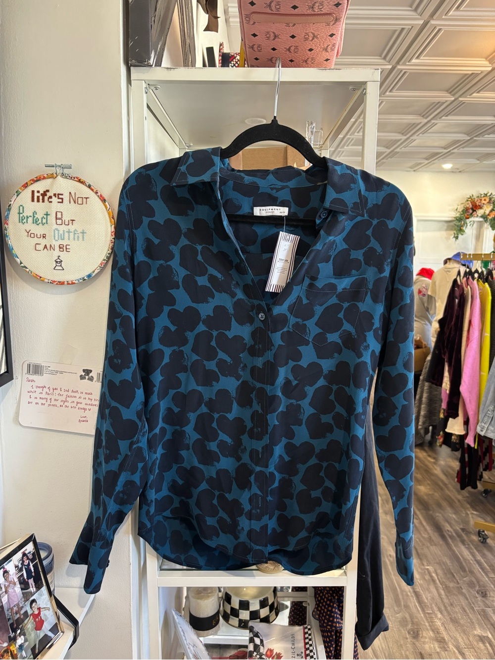 Equipment Teal and Black Abstract heart  Print Silk Button-Down Shirt